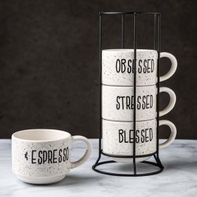 4 8 oz. White and Black Speckled Sentiment Espresso Stoneware Mugs with Rack